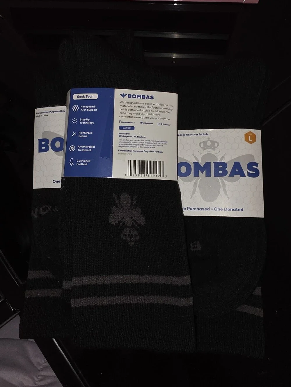 BOMBAS BLACK/GRAY HONEYCOMB UNISEX CREW SOCKS 3 PACK SIZE LARGE